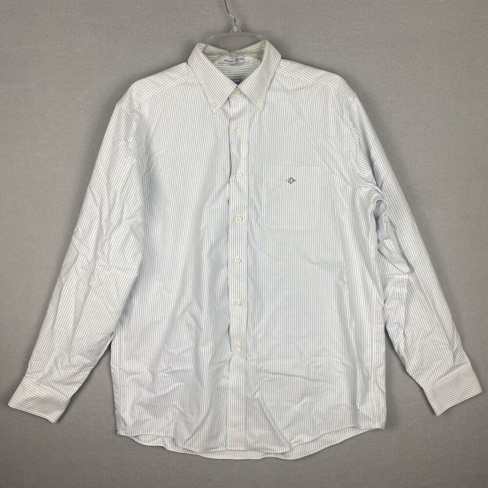 LL Bean Men Button Down Shirt Sz M White Striped Cotton Long Sleeve Wrinkle Free